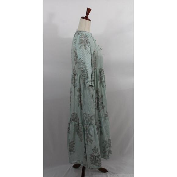 MATTA Sz S Small Aqua Stripe Short Elbow Sleeve Midi Dress Cotton Katia Trees - Picture 5 of 11